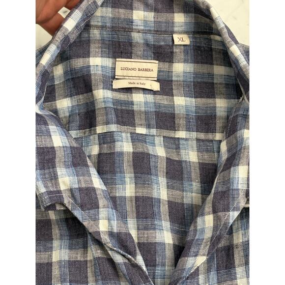 Luciano Barbera XL Mens Linen Button Down UP Shirt Plaid Blue White Print Worn 1 - Picture 3 of 5